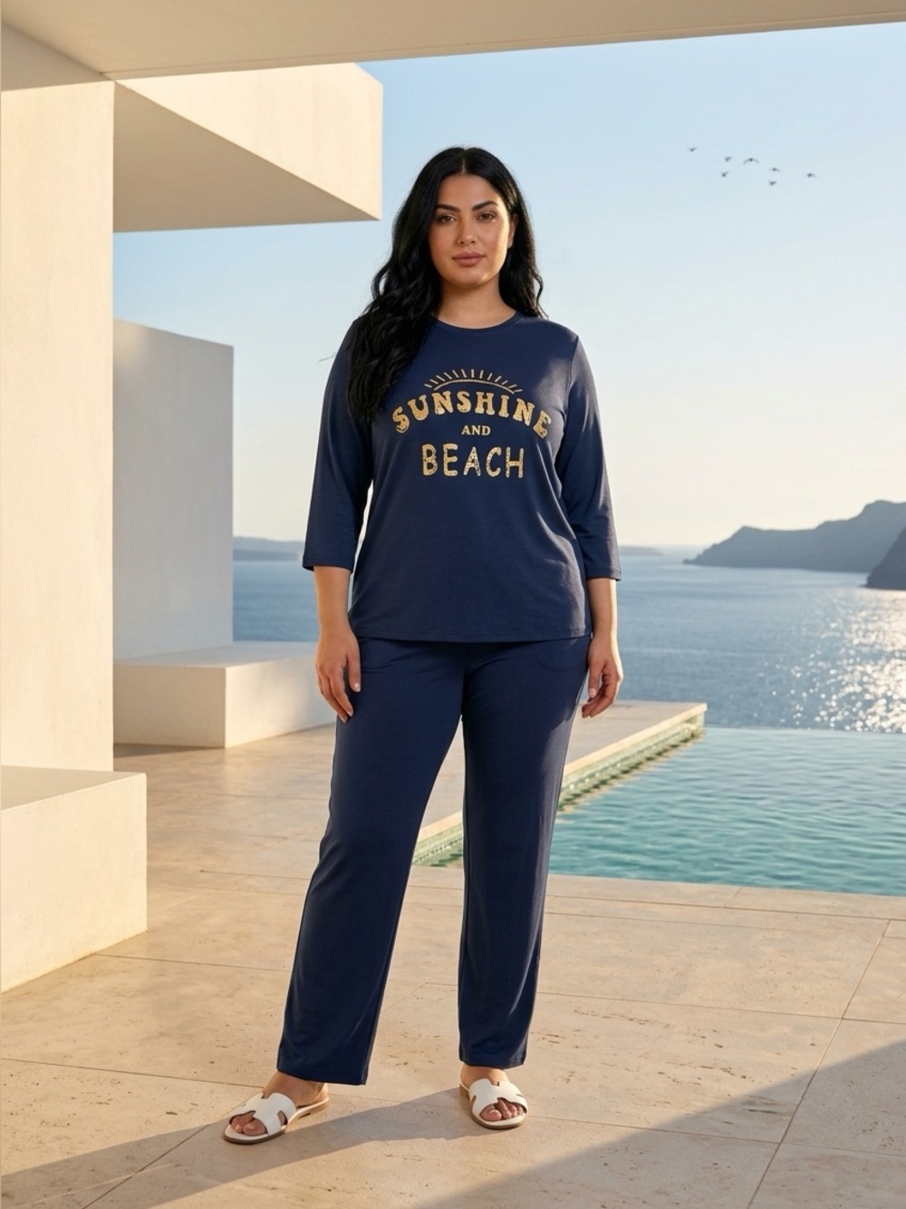 NWT Wiholl Dark Blue Sunshine & Beach Long Sleeve Graphic Top Women’s XL